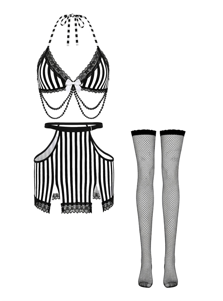 Black White 1980s Lace Striped Two Piece Set