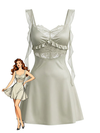 Green 1950s Ruffle Lace Satin Patchwork Sheer Waist Nightgown