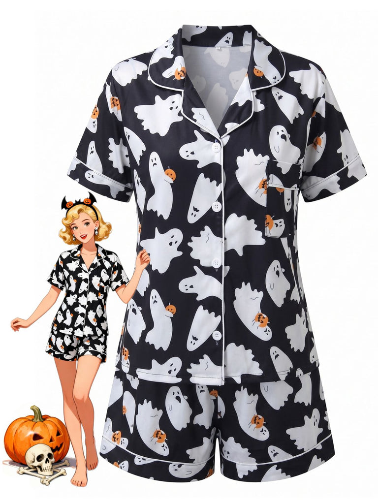 Black 1950s Halloween Ghost Print Shirt Shorts Pajamas