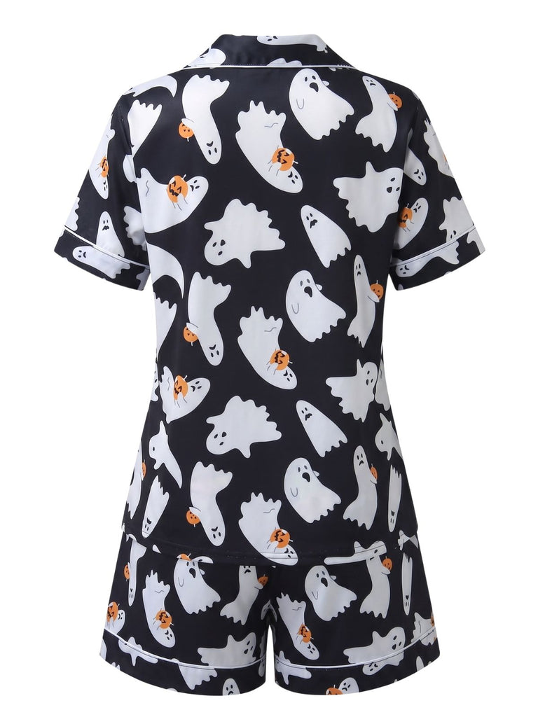 Black 1950s Halloween Ghost Print Shirt Shorts Pajamas