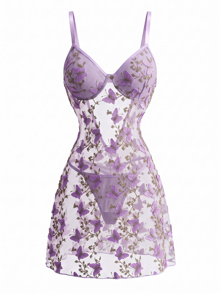 Lavender 1970s Mesh 3D Butterfly Embroidery Slip Nightgown