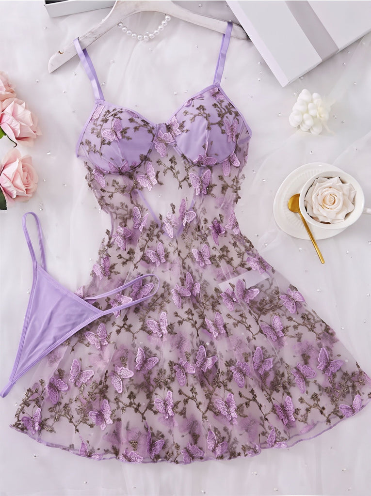Lavender 1970s Mesh 3D Butterfly Embroidery Slip Nightgown