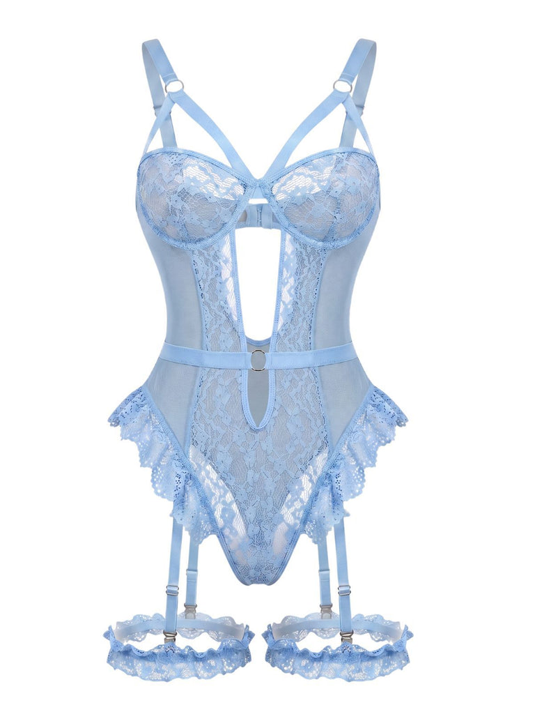 1950s Lace Cutout Garter Bodysuit Lingerie Set