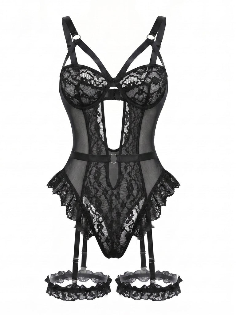 1950s Lace Cutout Garter Bodysuit Lingerie Set