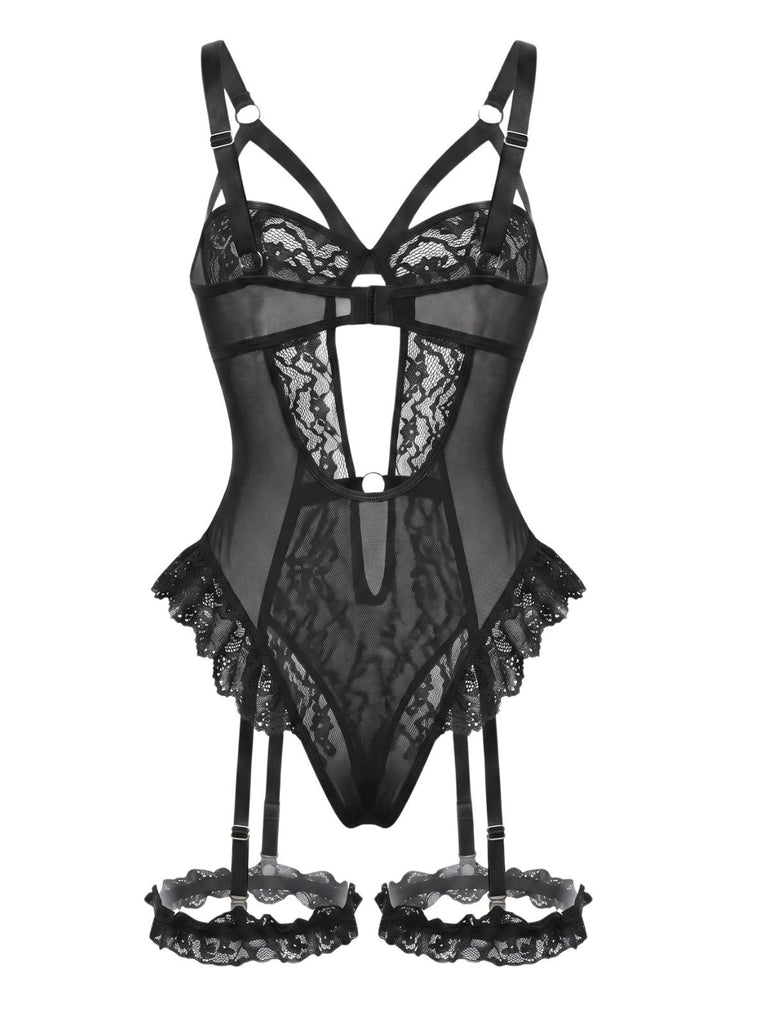 1950s Lace Cutout Garter Bodysuit Lingerie Set