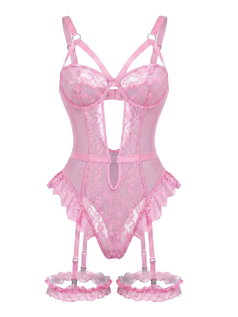 1950s Lace Cutout Garter Bodysuit Lingerie Set