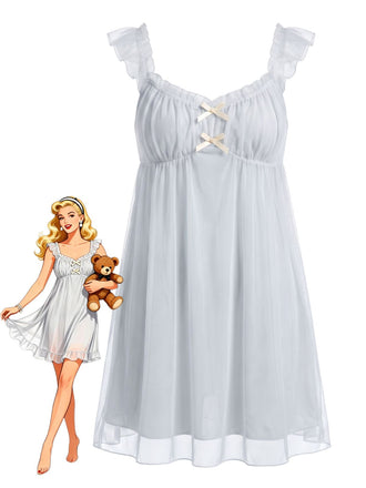 1950s Ruffled Mesh Bow Babydoll Nightgown