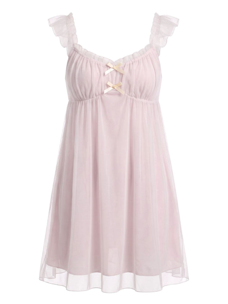 1950s Ruffled Mesh Bow Babydoll Nightgown