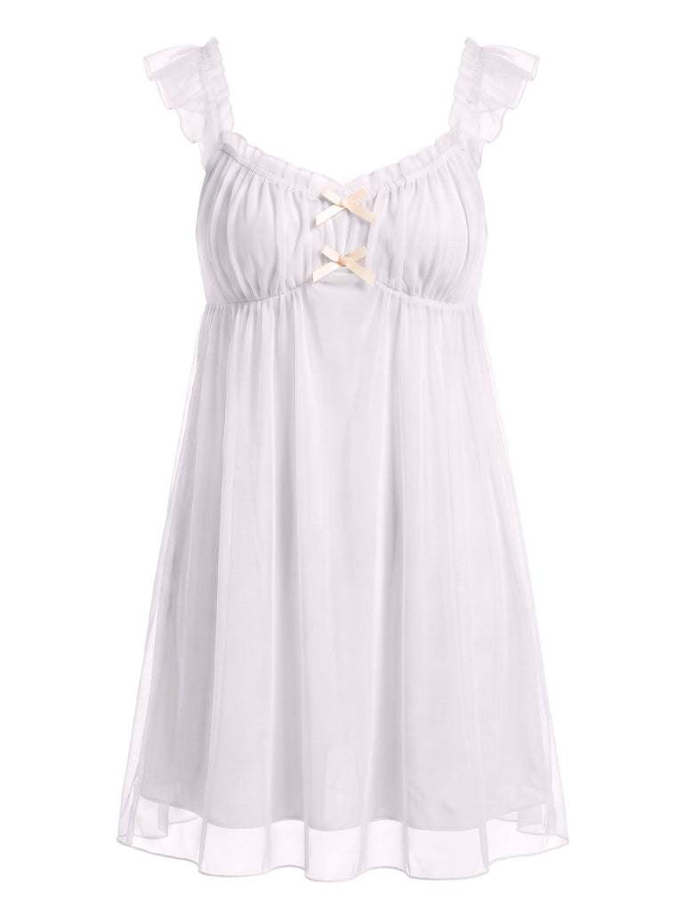 1950s Ruffled Mesh Bow Babydoll Nightgown