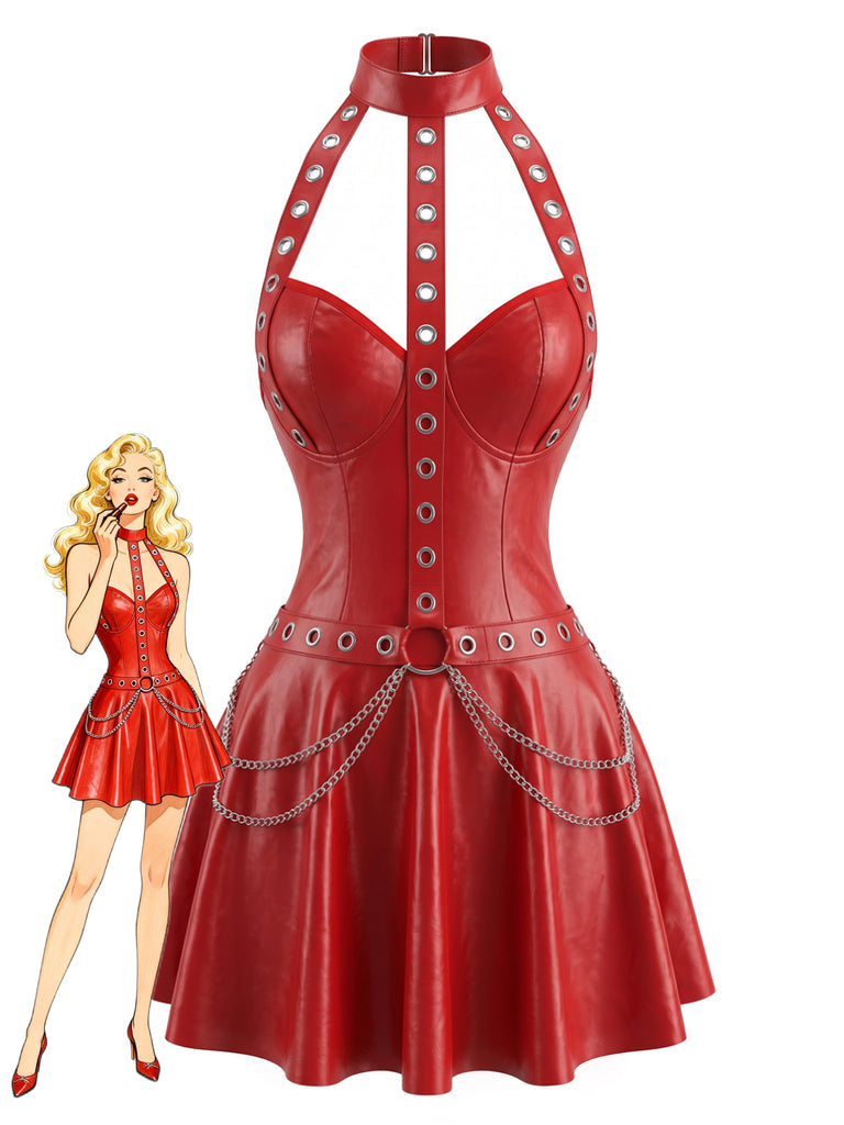 1950s Faux Leather Grommet Chain Backless Babydoll Lingerie