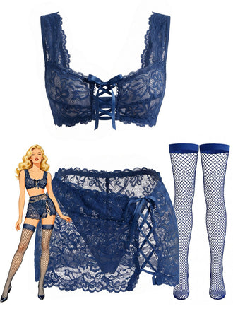 1950s Floral Lace Crisscross Tie‑Up Lingerie Set