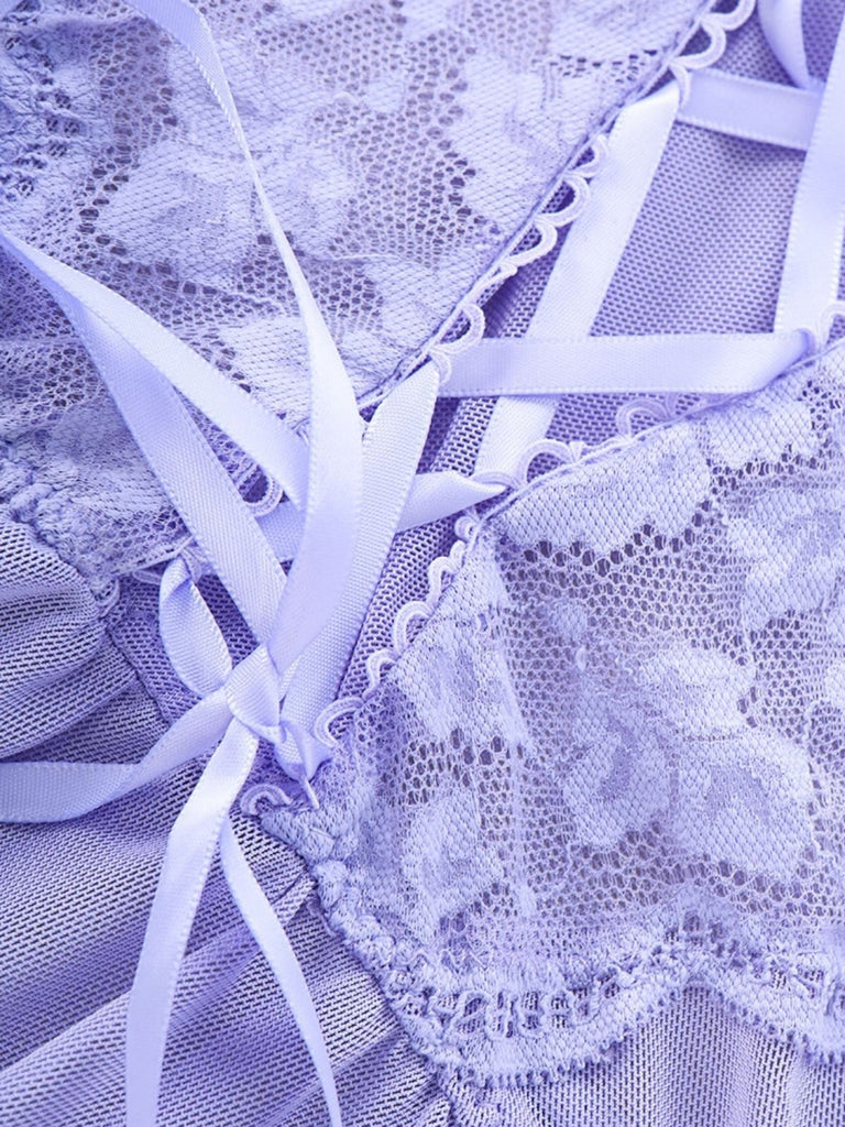 1950s Lace Strappy Sheer Mesh Nightgown Set