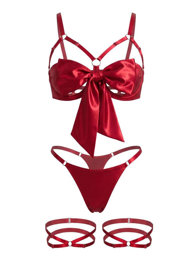 Green 1930s Bow Cutout Strappy Sexy Lingerie Set