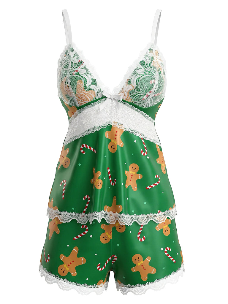 1950s Christmas Print Lace Trim Cami Pajama Set