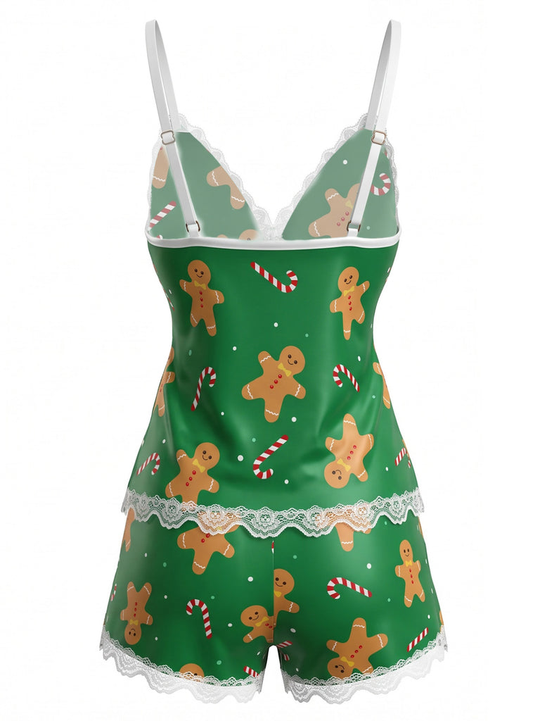 1950s Christmas Print Lace Trim Cami Pajama Set