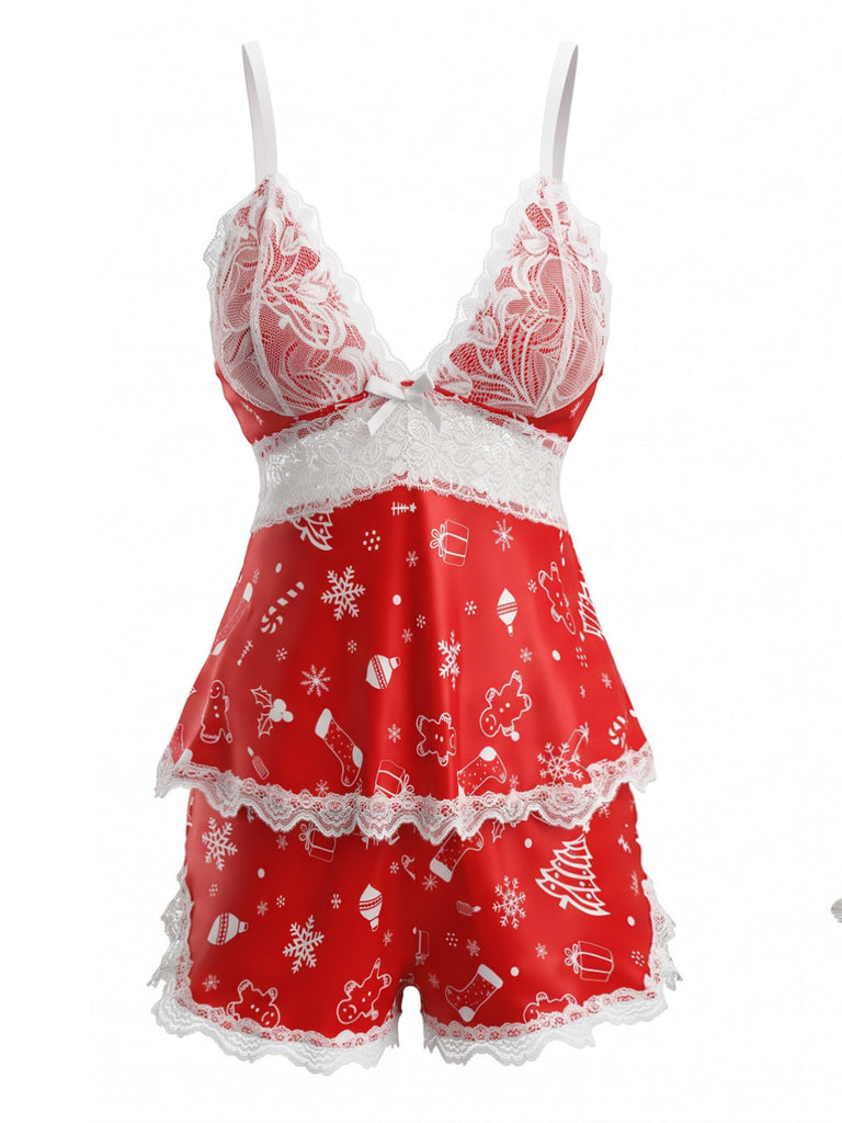 1950s Christmas Print Lace Trim Cami Pajama Set