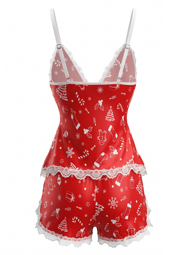 1950s Christmas Print Lace Trim Cami Pajama Set
