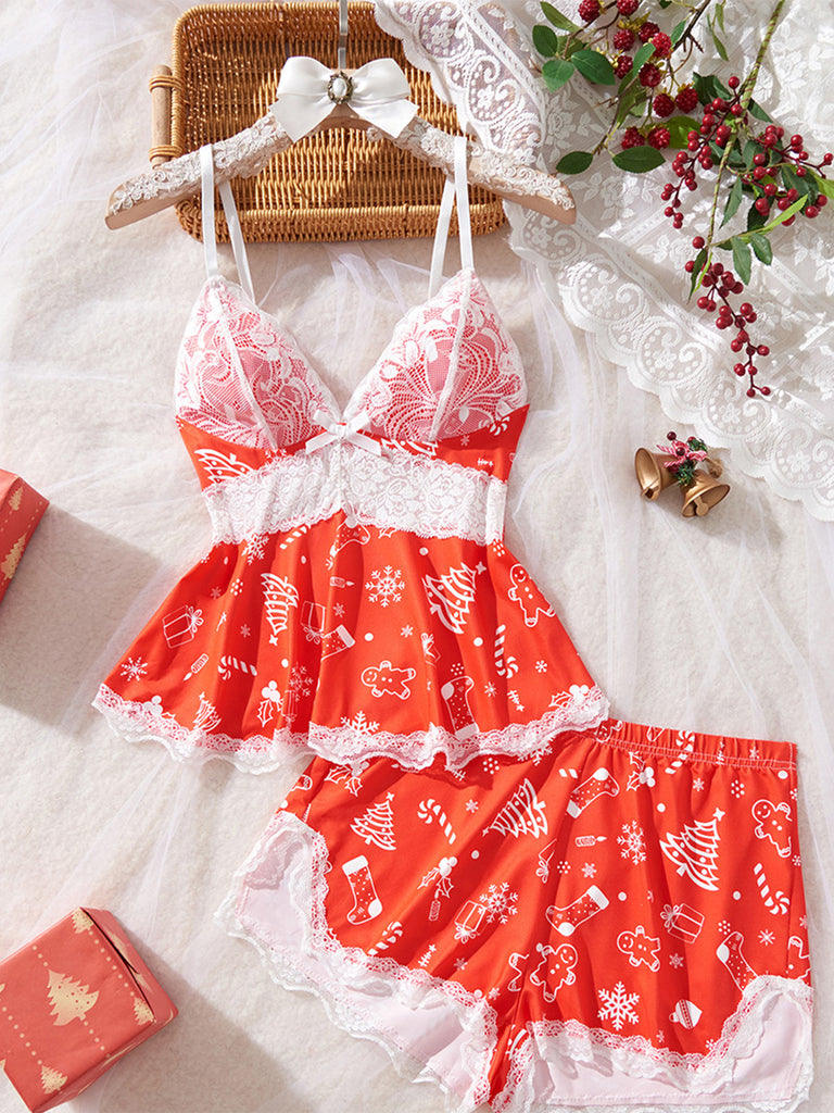 1950s Christmas Print Lace Trim Cami Pajama Set