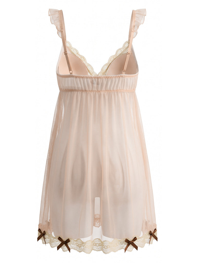 Sheer Mesh Bow Deep V Babydoll Nightgown 3
