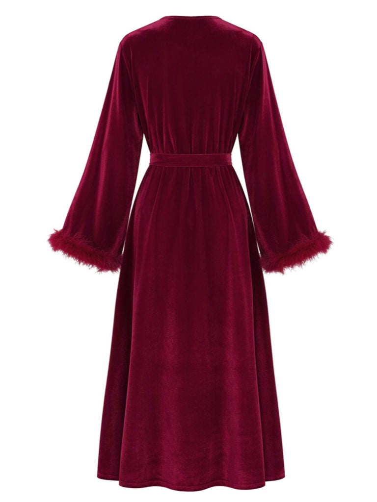 Red Velvet Belted Faux Fur Trim Robe 2