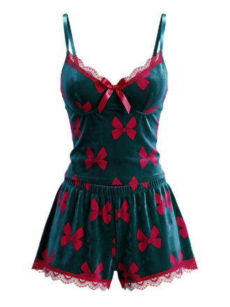 Green 1950s Christmas Velvet Bow Print Pajama Set