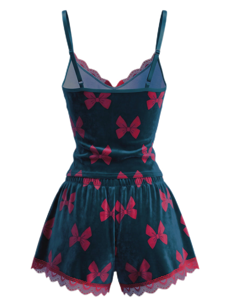 Green 1950s Christmas Velvet Bow Print Pajama Set
