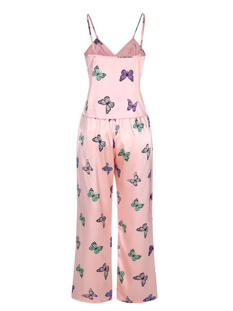 2PCS Pink 1950s Butterfly Suspender V-Neck Sleepwear