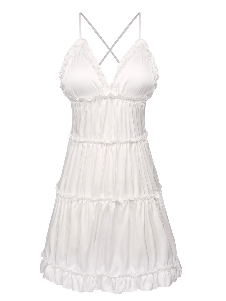 1950s Solid Wrinkle Spaghetti Straps Nightgown