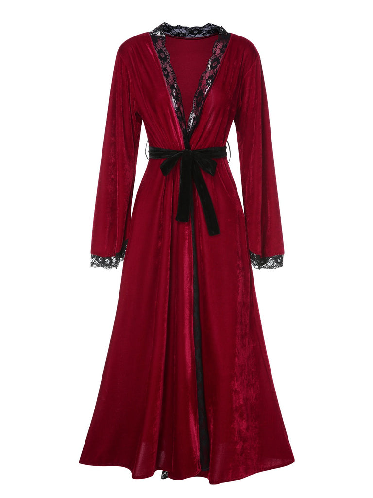 Wine Red 1950s Lace Patchwork Night Robe