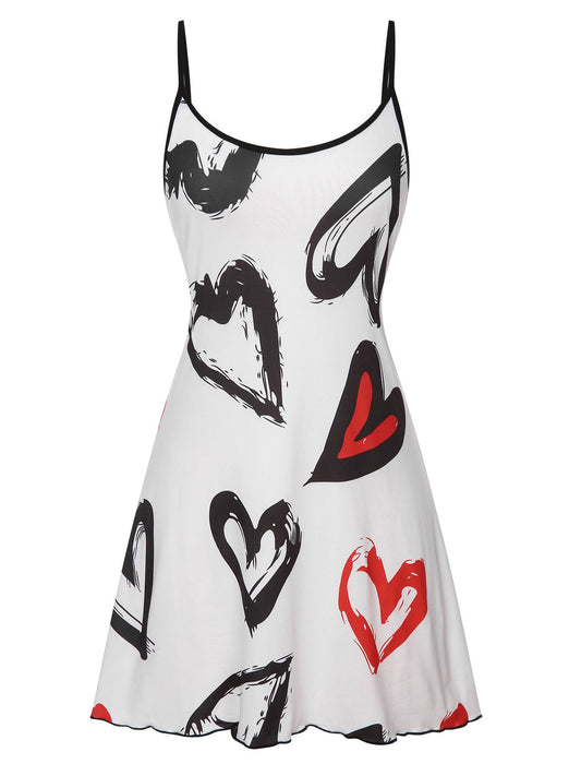 White 1950s Strap Heart Print Sleepwear