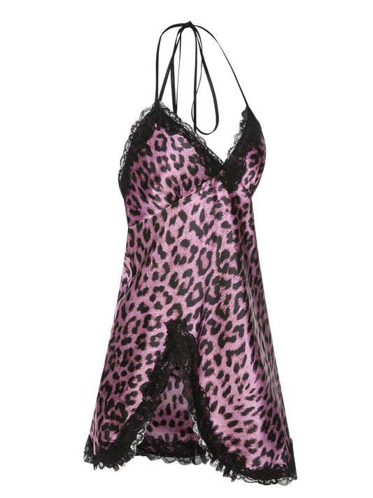 Purple 1950s Leopard Lace Patchwork Suspender Sleepwear