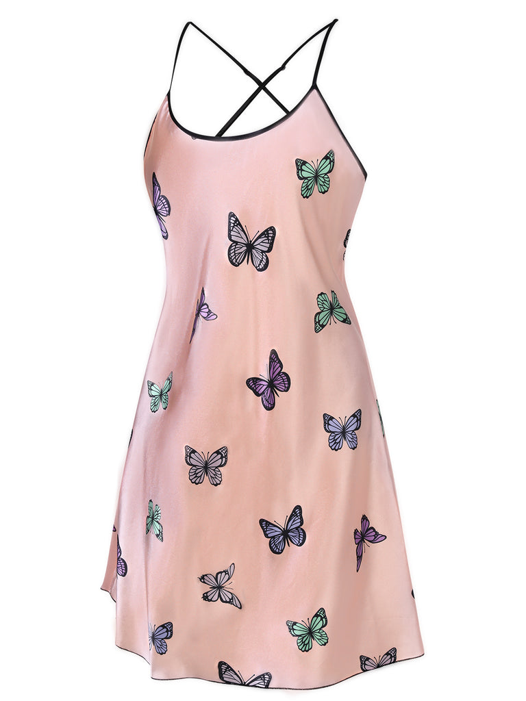 Pink 1970s Butterfly Satin Sling Nightgown