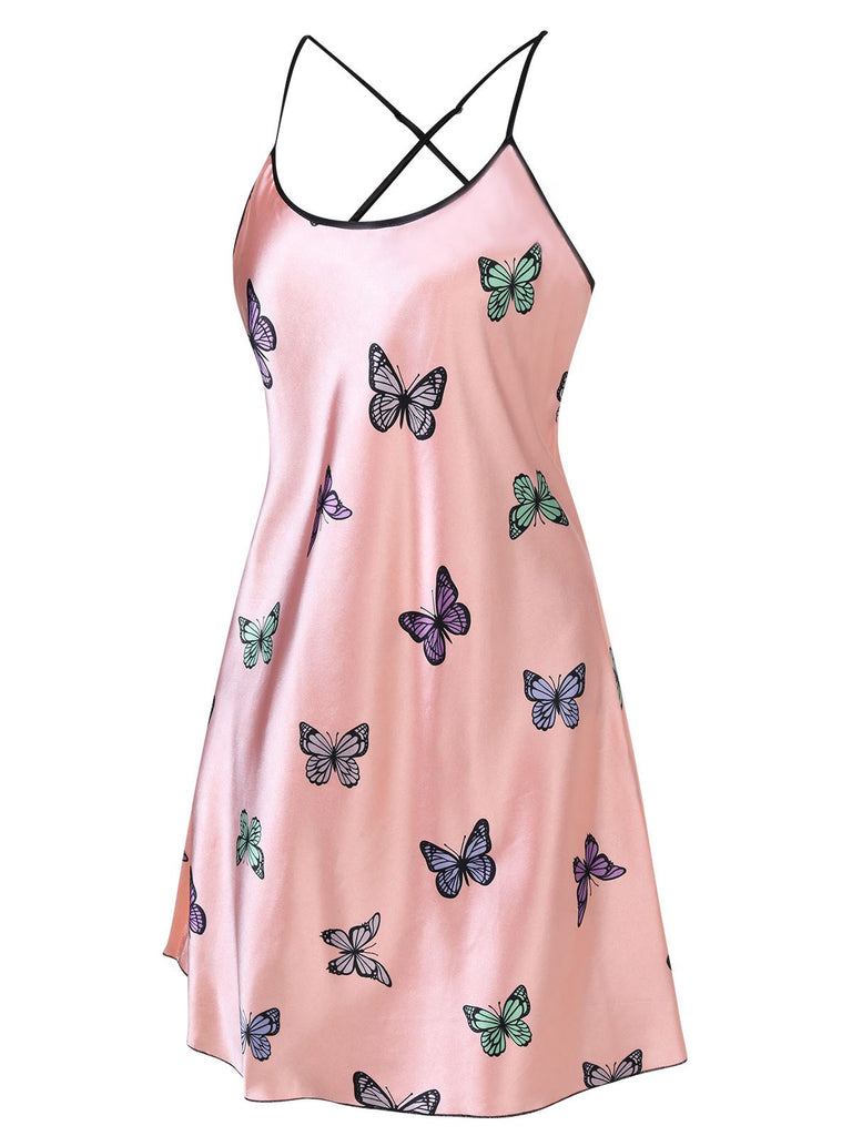 Pink 1970s Butterfly Satin Sling Nightgown