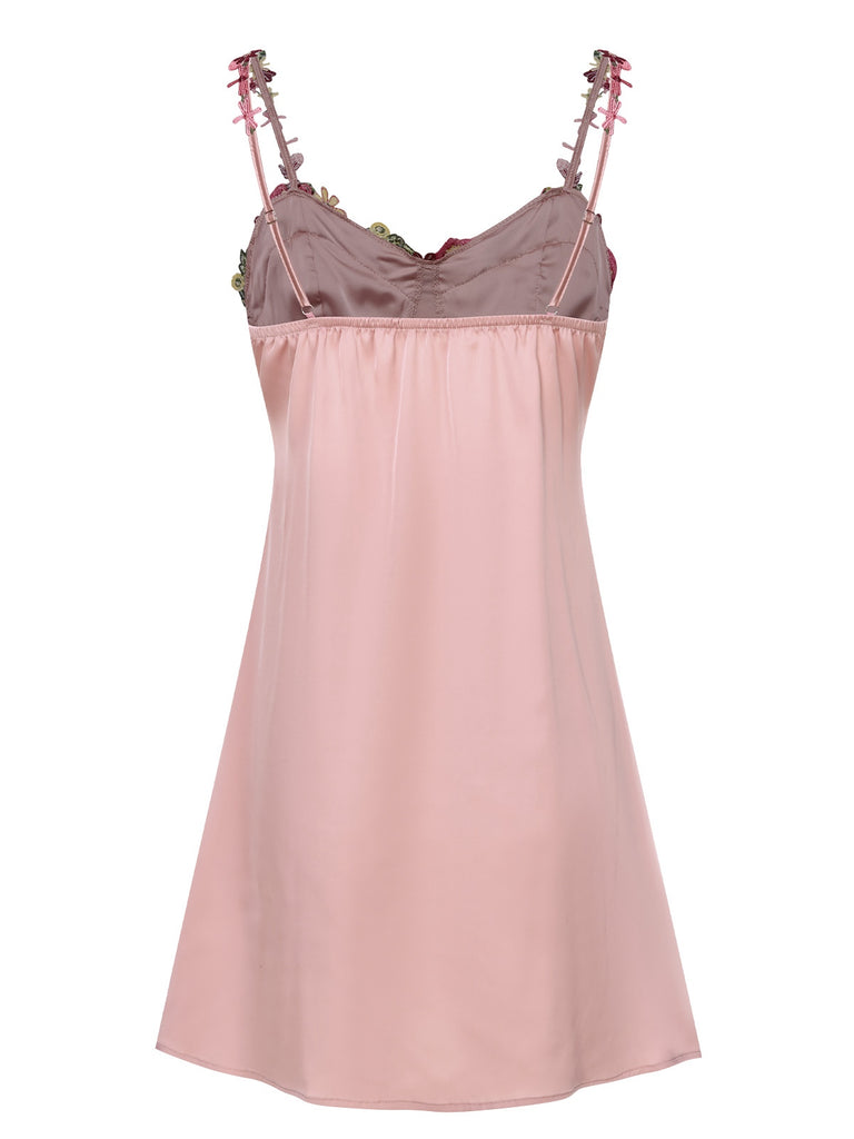 Pink 1950s Flower Embroidered Suspender Nightgown