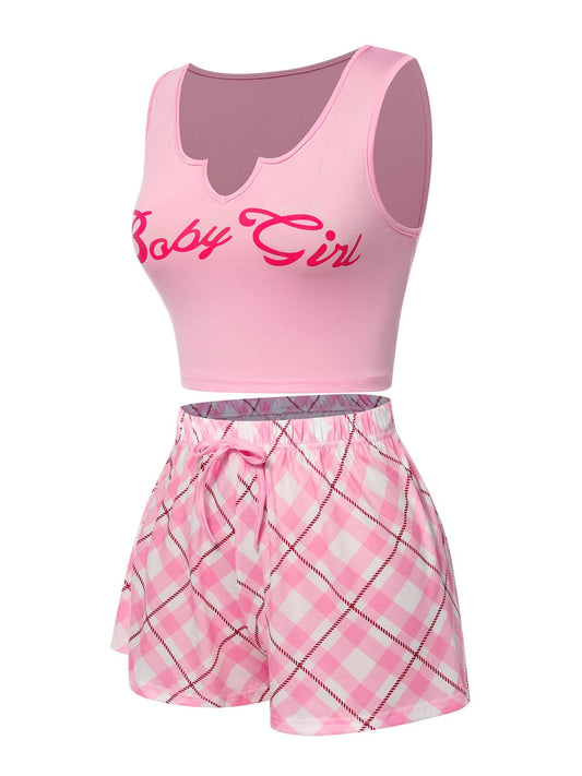 Pink 1970s Baby Girl Tank Top & Plaid Shorts Pajamas