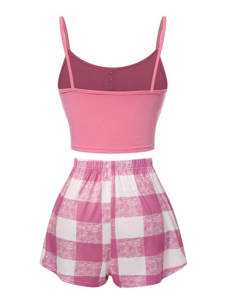 Pink 1970s Camisole Top & Plaid Shorts Pajamas