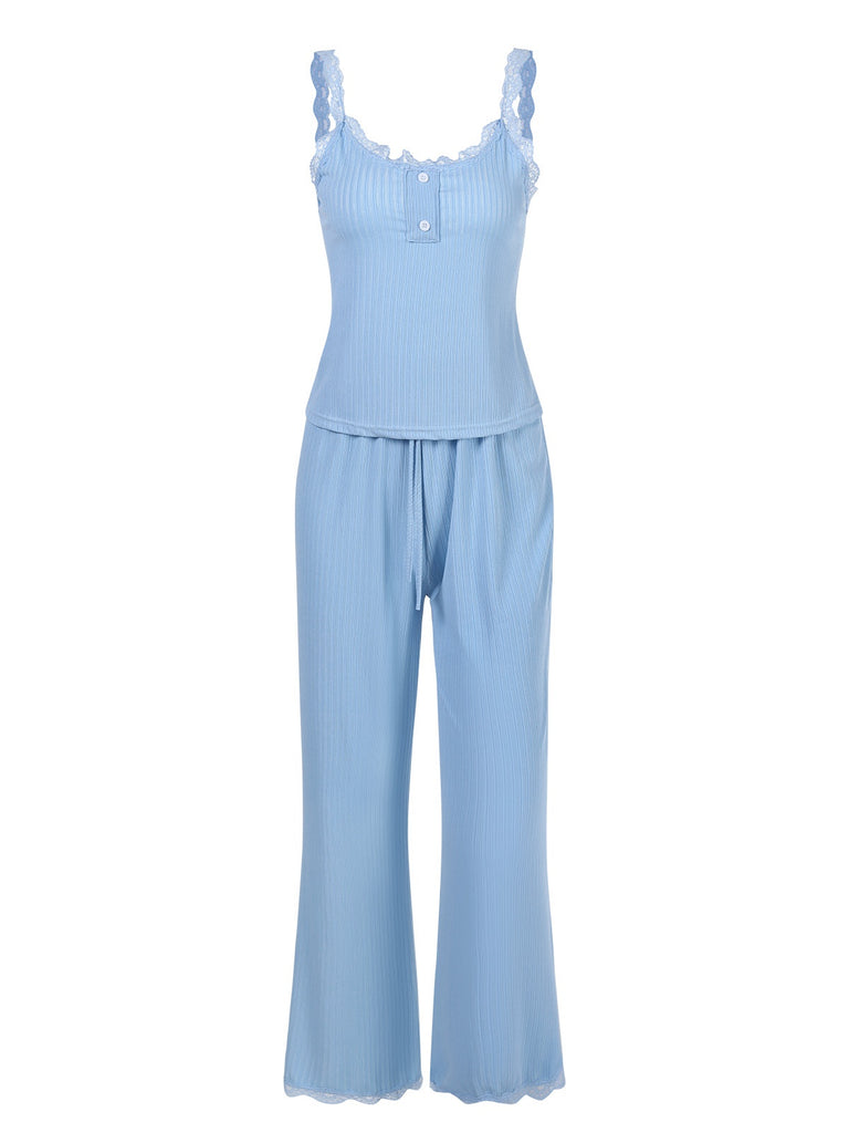 2PCS Blue 1950s Lace Patchwork Sleepwear