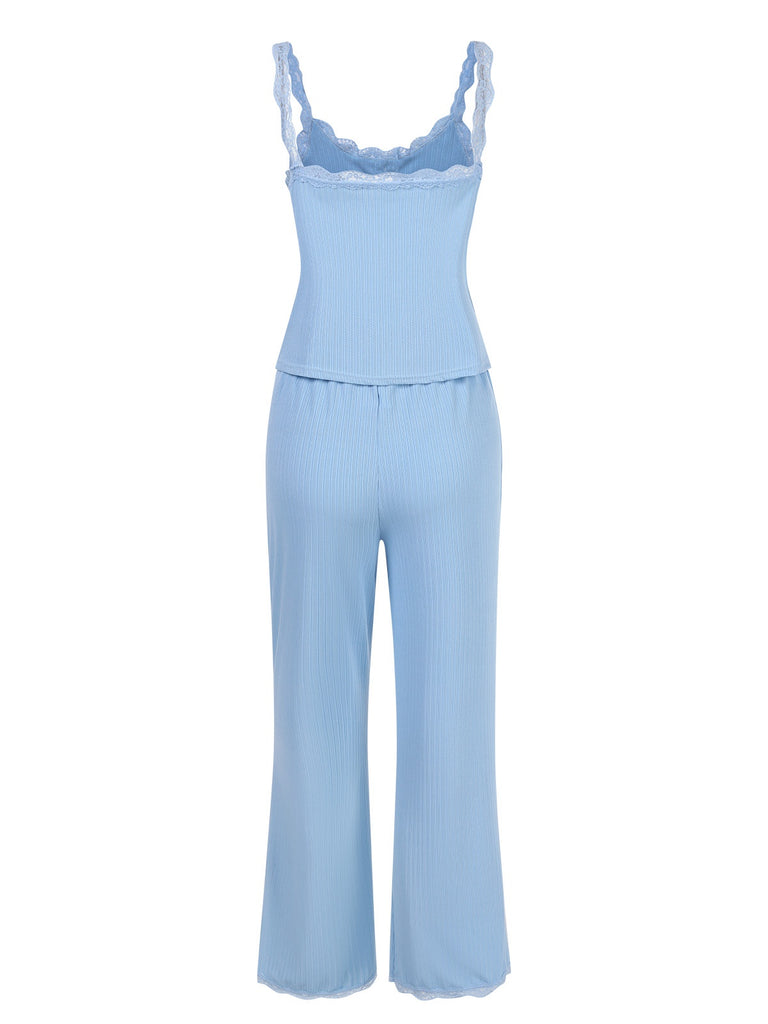 2PCS Blue 1950s Lace Patchwork Sleepwear