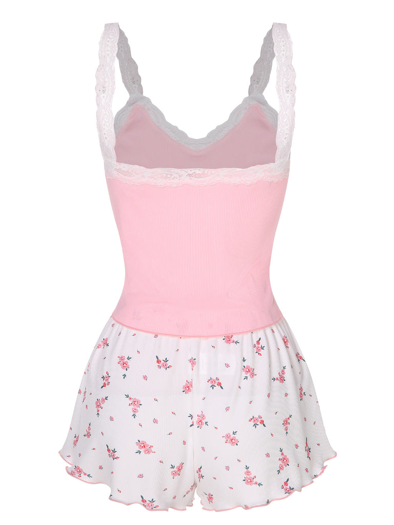 Pink 1950s Floral Lace Patchwork Sleepwear