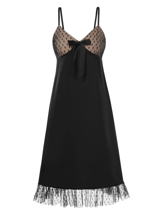 [Pre-Sale] Black 1950s Heart Dots Mesh Bow Nightgown