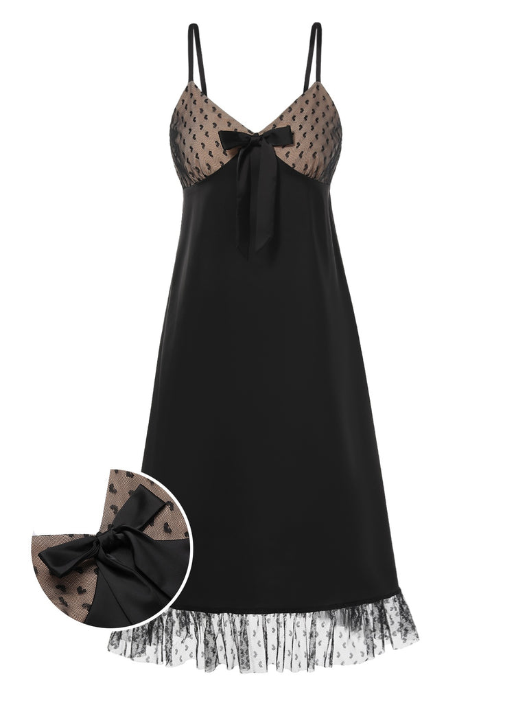 [Pre-Sale] Black 1950s Heart Dots Mesh Bow Nightgown