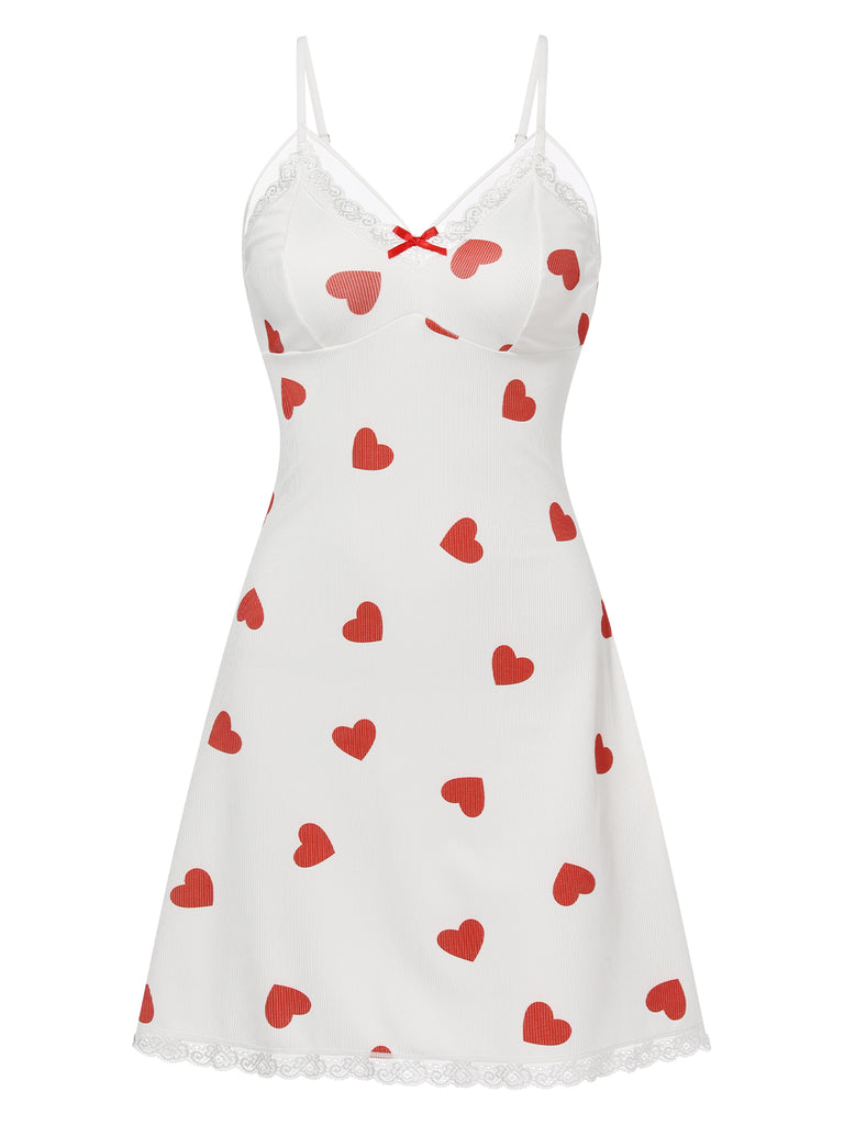 White 1950s Heart Lace Spaghetti Straps Sleepwear