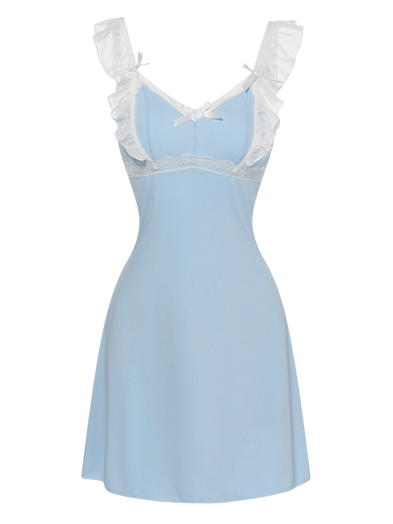 Sky Blue 1950s Bowknot Ruffle Sleeves Nightgown