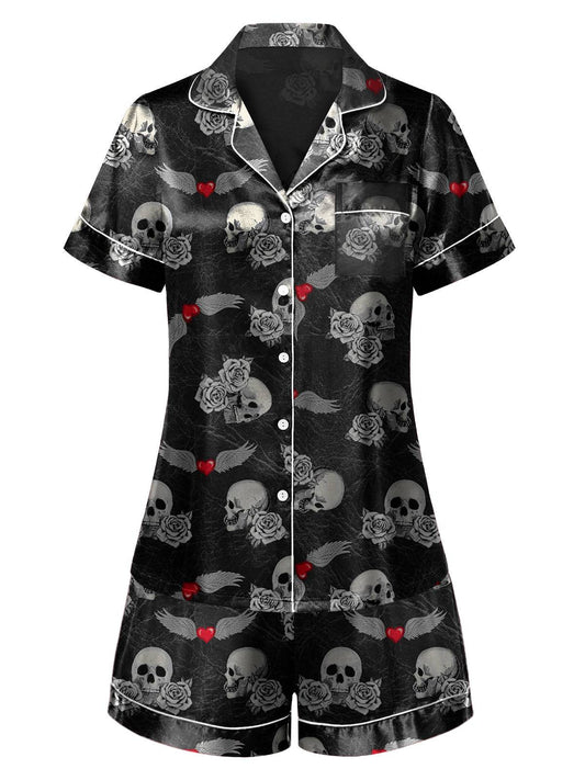 Black 1970s Rose Skull Lapel Pajamas