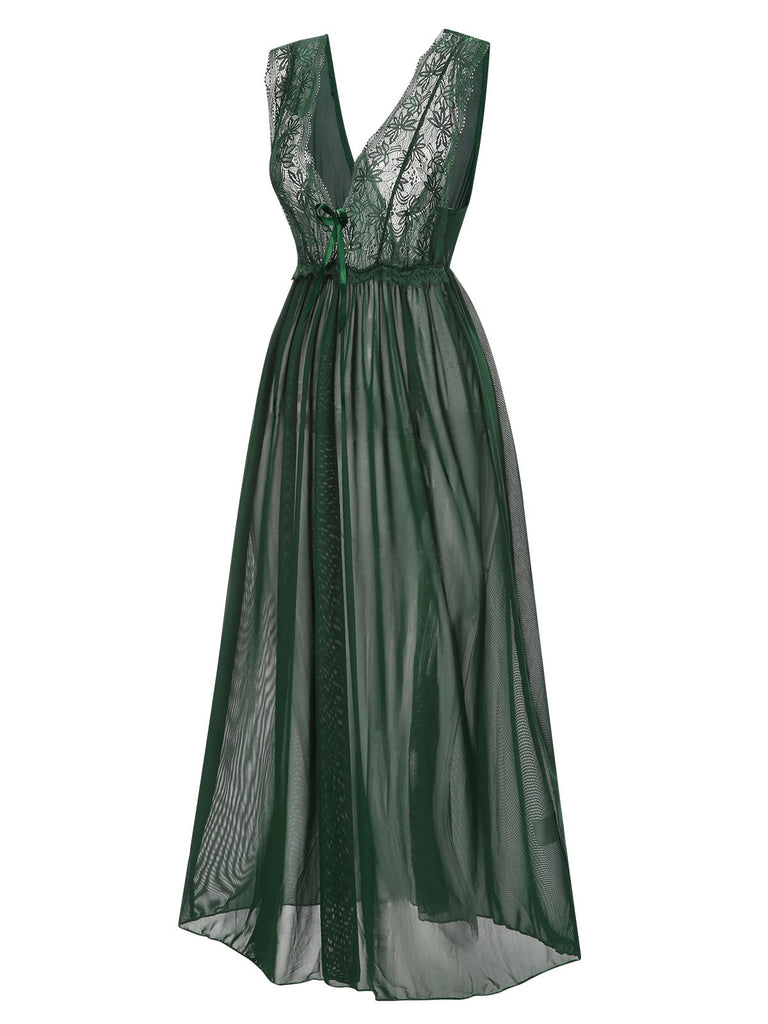 1930s Deep V-Neck Lace Mesh Nightgown