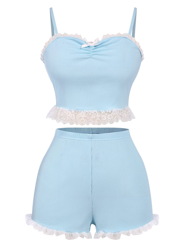 Sky Blue 1950s Lace Patchwork Straps Pajamas