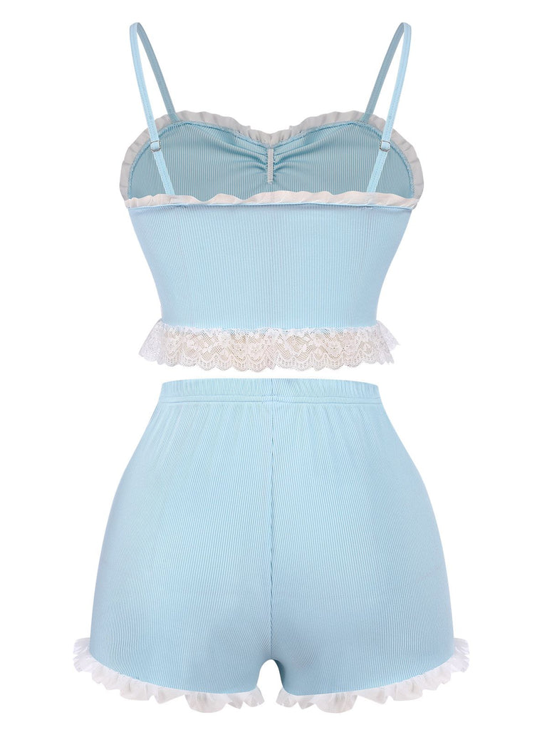 Sky Blue 1950s Lace Patchwork Straps Pajamas