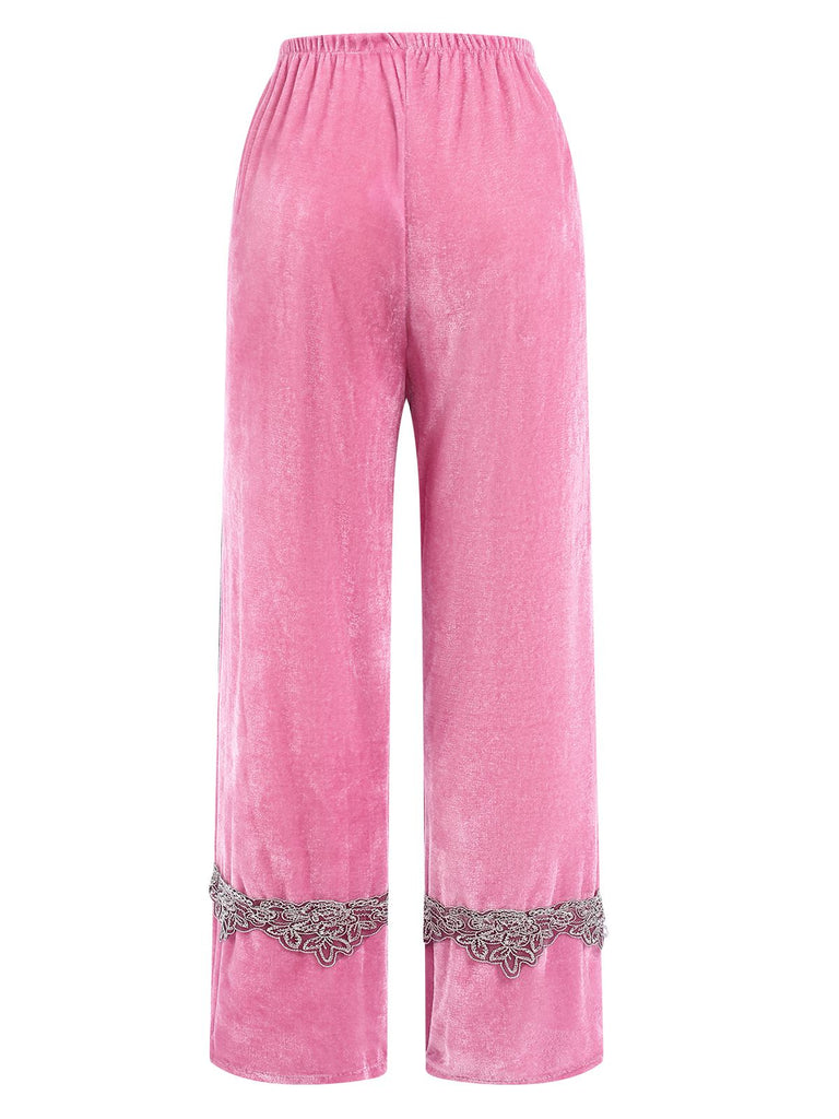 3PCS 1960s Pink Casual Velvet Pajamas