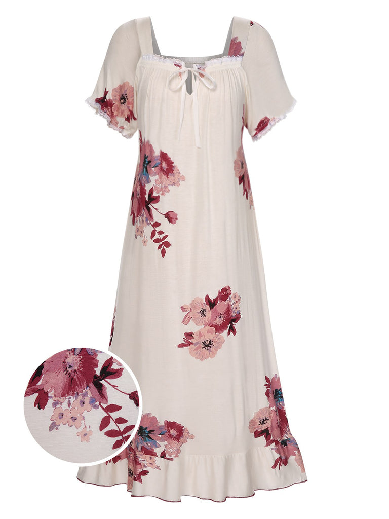 Beige 1930s Floral Square Collar Ruffles Puff Nightgowns