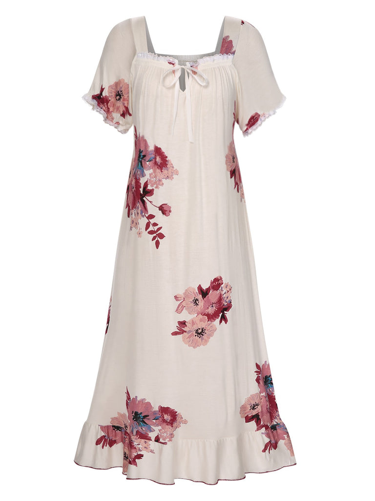 Beige 1930s Floral Square Collar Ruffles Puff Nightgowns